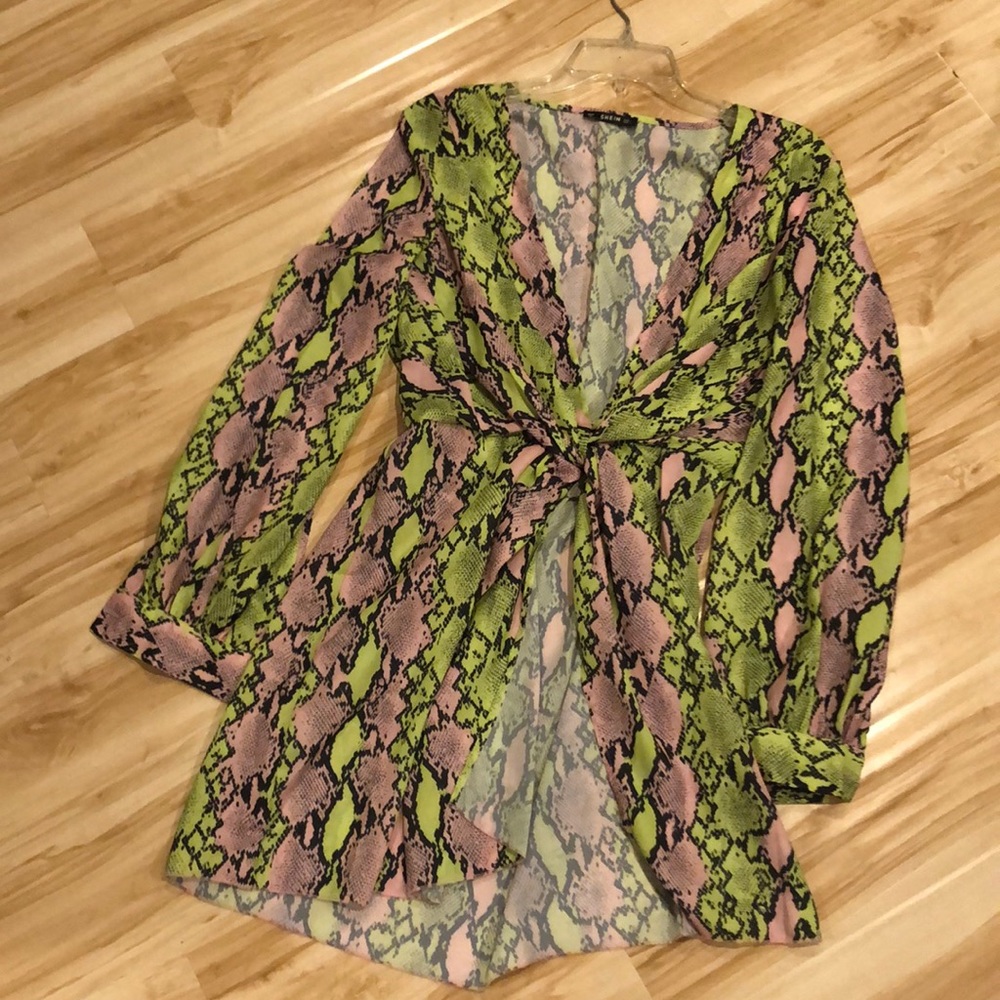 Pink, black, and green Snake Print Shirt Dress